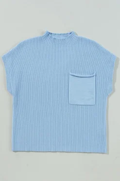 Best Dear-Lover Patch Pocket Ribbed Knit Short Sleeve Sweater Beau Blue