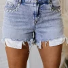 Online Dear-Lover Pearl Studded Pockets Raw Hem Denim Shorts Beau Blue