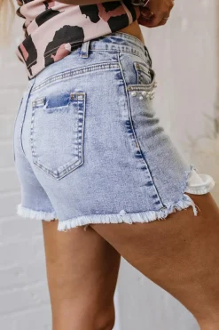 Online Dear-Lover Pearl Studded Pockets Raw Hem Denim Shorts Beau Blue