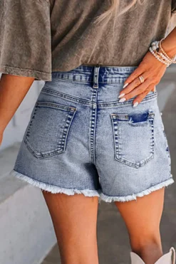 Online Dear-Lover Pearl Studded Pockets Raw Hem Denim Shorts Beau Blue