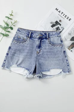 Online Dear-Lover Pearl Studded Pockets Raw Hem Denim Shorts Beau Blue
