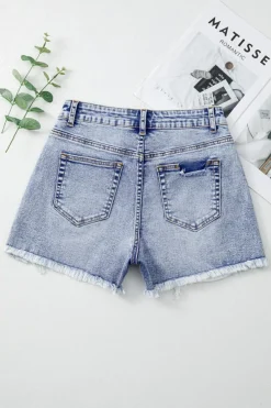 Online Dear-Lover Pearl Studded Pockets Raw Hem Denim Shorts Beau Blue