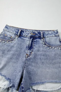 Online Dear-Lover Pearl Studded Pockets Raw Hem Denim Shorts Beau Blue