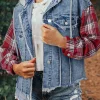 Sale Dear-Lover Plaid Print Patchwork Hooded Raw Hem Denim Jacket Beau Blue