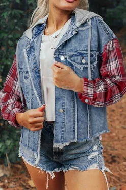 Sale Dear-Lover Plaid Print Patchwork Hooded Raw Hem Denim Jacket Beau Blue