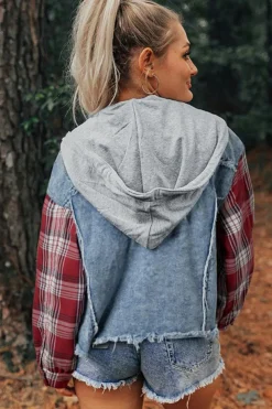 Sale Dear-Lover Plaid Print Patchwork Hooded Raw Hem Denim Jacket Beau Blue