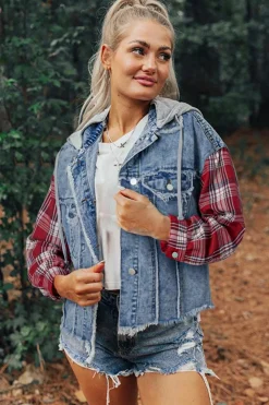 Sale Dear-Lover Plaid Print Patchwork Hooded Raw Hem Denim Jacket Beau Blue