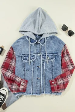 Sale Dear-Lover Plaid Print Patchwork Hooded Raw Hem Denim Jacket Beau Blue