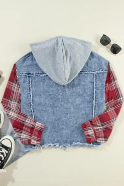 Sale Dear-Lover Plaid Print Patchwork Hooded Raw Hem Denim Jacket Beau Blue
