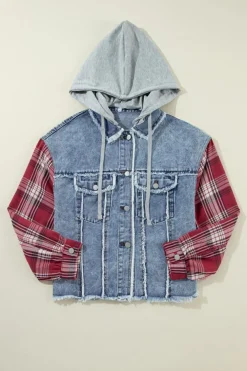 Sale Dear-Lover Plaid Print Patchwork Hooded Raw Hem Denim Jacket Beau Blue