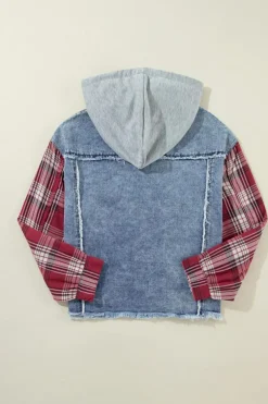 Sale Dear-Lover Plaid Print Patchwork Hooded Raw Hem Denim Jacket Beau Blue