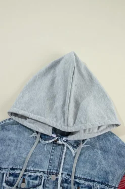 Sale Dear-Lover Plaid Print Patchwork Hooded Raw Hem Denim Jacket Beau Blue