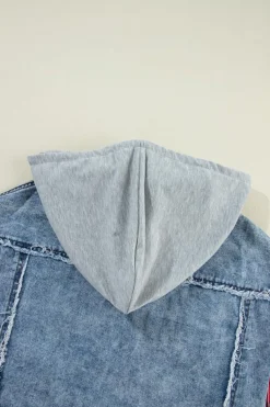 Sale Dear-Lover Plaid Print Patchwork Hooded Raw Hem Denim Jacket Beau Blue