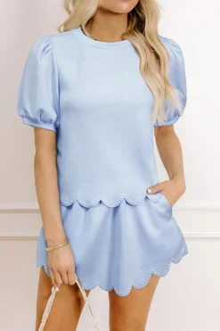 Fashion Dear-Lover Puff Sleeve Pearl Embellished Scallop Trim Top 2 Piece Skort Set Beau Blue