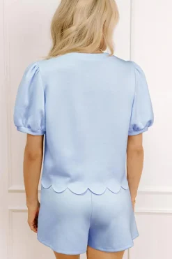 Fashion Dear-Lover Puff Sleeve Pearl Embellished Scallop Trim Top 2 Piece Skort Set Beau Blue