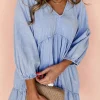 Discount Dear-Lover Puff Sleeve V Neck Tiered Ruffled Chambray Mini Dress Beau Blue