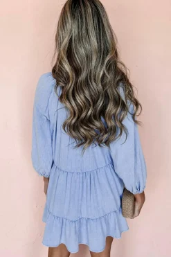 Discount Dear-Lover Puff Sleeve V Neck Tiered Ruffled Chambray Mini Dress Beau Blue