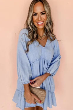 Discount Dear-Lover Puff Sleeve V Neck Tiered Ruffled Chambray Mini Dress Beau Blue