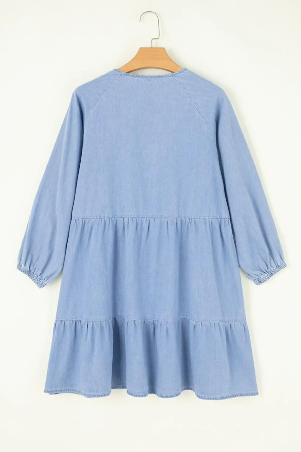 Discount Dear-Lover Puff Sleeve V Neck Tiered Ruffled Chambray Mini Dress Beau Blue