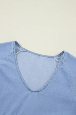 Discount Dear-Lover Puff Sleeve V Neck Tiered Ruffled Chambray Mini Dress Beau Blue
