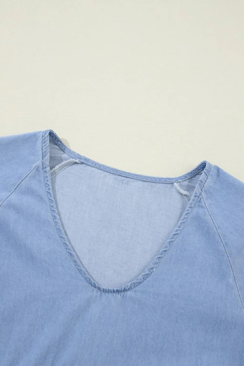 Discount Dear-Lover Puff Sleeve V Neck Tiered Ruffled Chambray Mini Dress Beau Blue