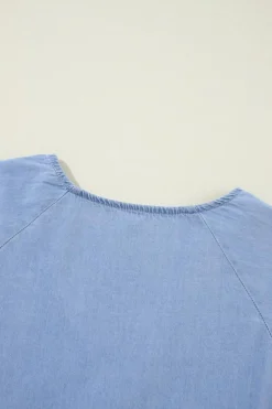 Discount Dear-Lover Puff Sleeve V Neck Tiered Ruffled Chambray Mini Dress Beau Blue