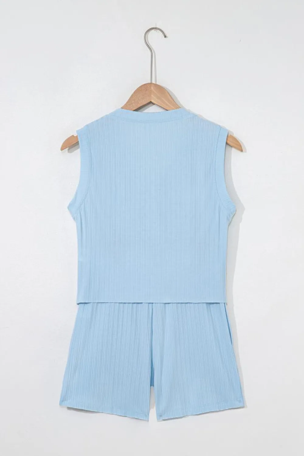 New Dear-Lover Ribbed Button V Neck Tank Top and Shorts Set Beau Blue