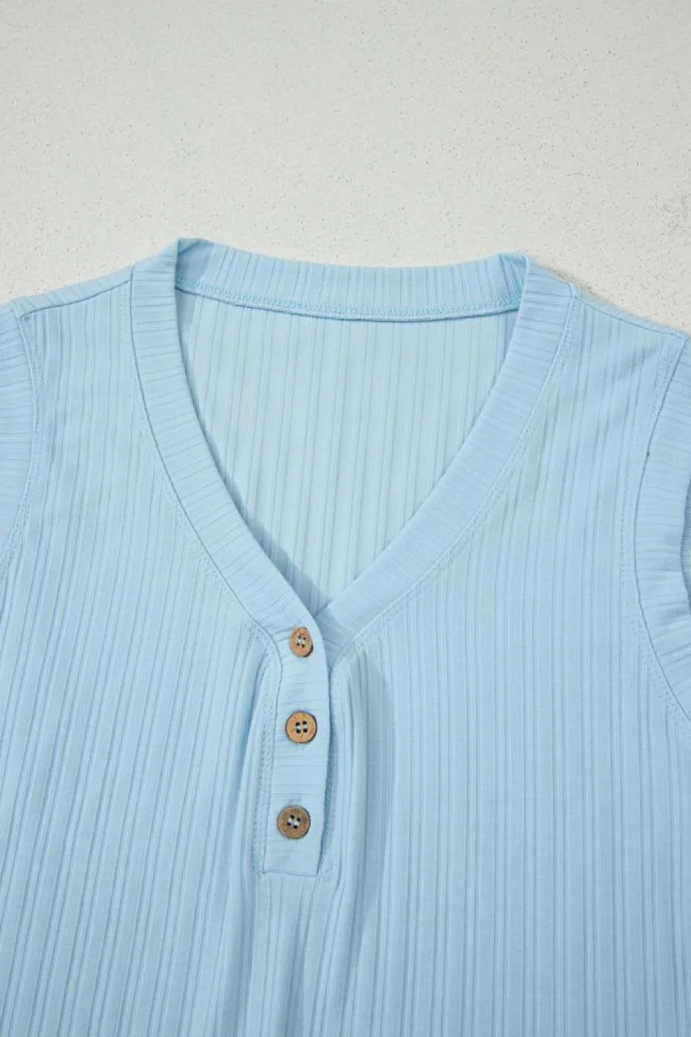 New Dear-Lover Ribbed Button V Neck Tank Top and Shorts Set Beau Blue