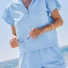 Fashion Dear-Lover Ribbed Texture Half Zip Ruffled Short Sleeve Top and Shorts Set Beau Blue