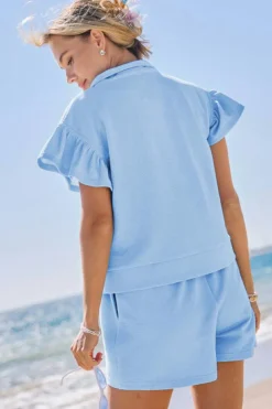 Fashion Dear-Lover Ribbed Texture Half Zip Ruffled Short Sleeve Top and Shorts Set Beau Blue
