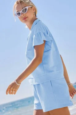Fashion Dear-Lover Ribbed Texture Half Zip Ruffled Short Sleeve Top and Shorts Set Beau Blue
