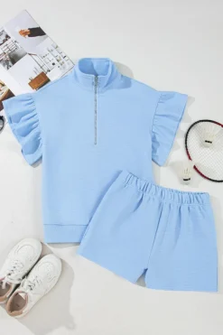 Fashion Dear-Lover Ribbed Texture Half Zip Ruffled Short Sleeve Top and Shorts Set Beau Blue
