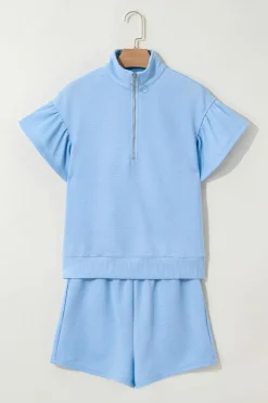 Fashion Dear-Lover Ribbed Texture Half Zip Ruffled Short Sleeve Top and Shorts Set Beau Blue