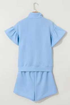 Fashion Dear-Lover Ribbed Texture Half Zip Ruffled Short Sleeve Top and Shorts Set Beau Blue