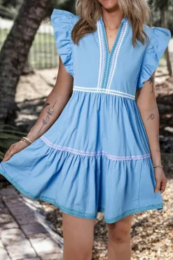 Discount Dear-Lover Ric Rac Colorblock Flutter Sleeve V Neck Tiered Dress Beau Blue