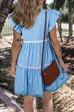 Discount Dear-Lover Ric Rac Colorblock Flutter Sleeve V Neck Tiered Dress Beau Blue