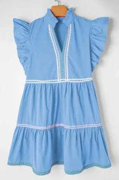 Discount Dear-Lover Ric Rac Colorblock Flutter Sleeve V Neck Tiered Dress Beau Blue
