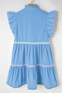 Discount Dear-Lover Ric Rac Colorblock Flutter Sleeve V Neck Tiered Dress Beau Blue