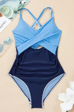Clearance Dear-Lover Ric Rac Trim Contrasted Patchwork Cutout One Piece Swimsuit Beau Blue