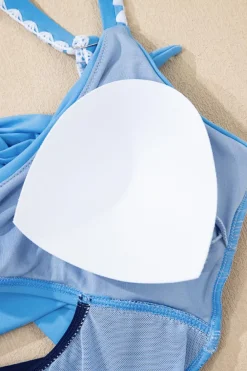 Clearance Dear-Lover Ric Rac Trim Contrasted Patchwork Cutout One Piece Swimsuit Beau Blue