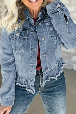 Clearance Dear-Lover Ruffle Raw Hem Flap Pockets Denim Jacket Beau Blue