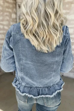 Clearance Dear-Lover Ruffle Raw Hem Flap Pockets Denim Jacket Beau Blue