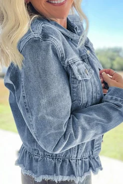 Clearance Dear-Lover Ruffle Raw Hem Flap Pockets Denim Jacket Beau Blue