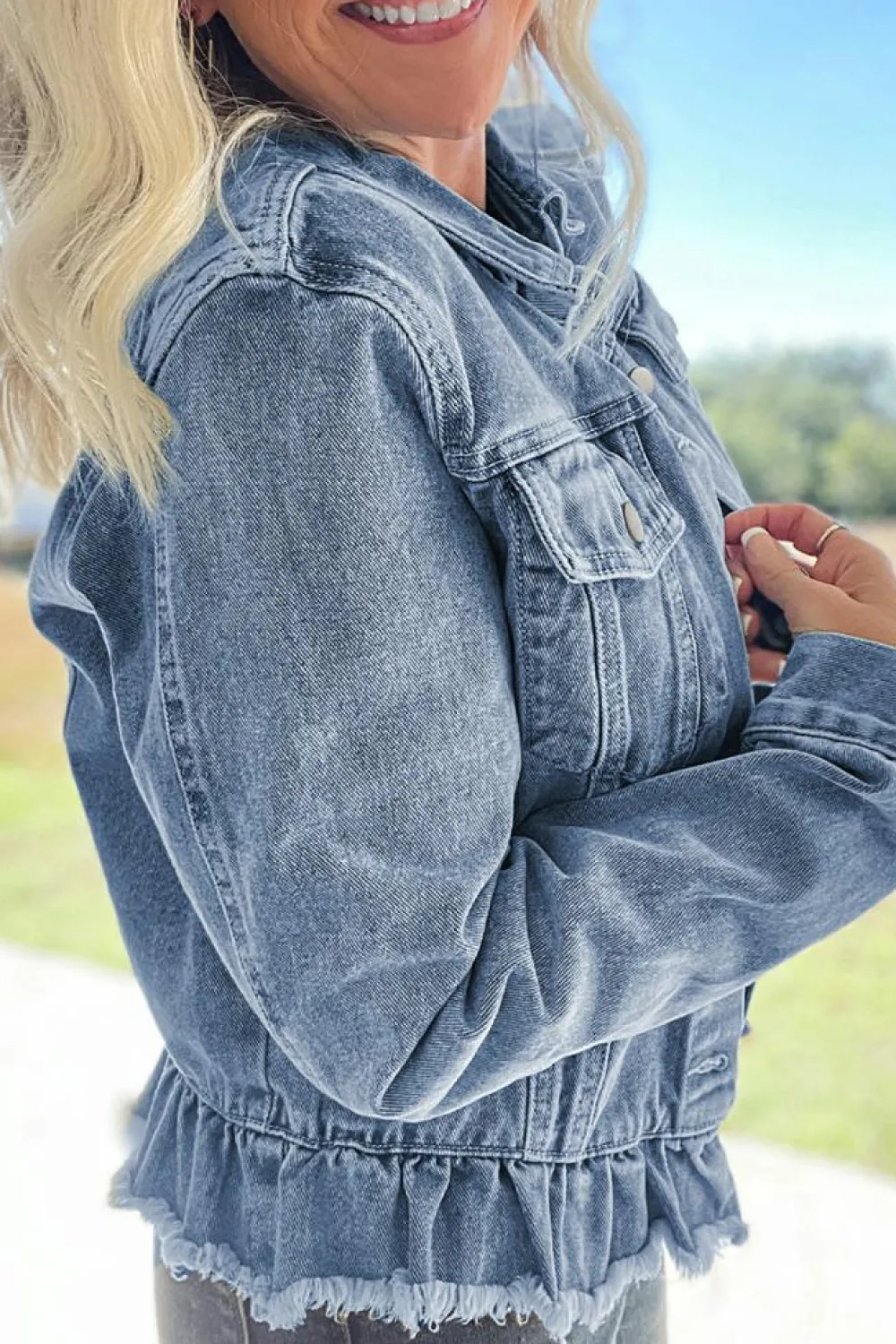 Clearance Dear-Lover Ruffle Raw Hem Flap Pockets Denim Jacket Beau Blue