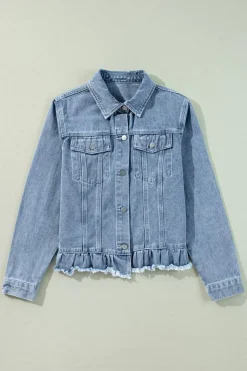 Clearance Dear-Lover Ruffle Raw Hem Flap Pockets Denim Jacket Beau Blue