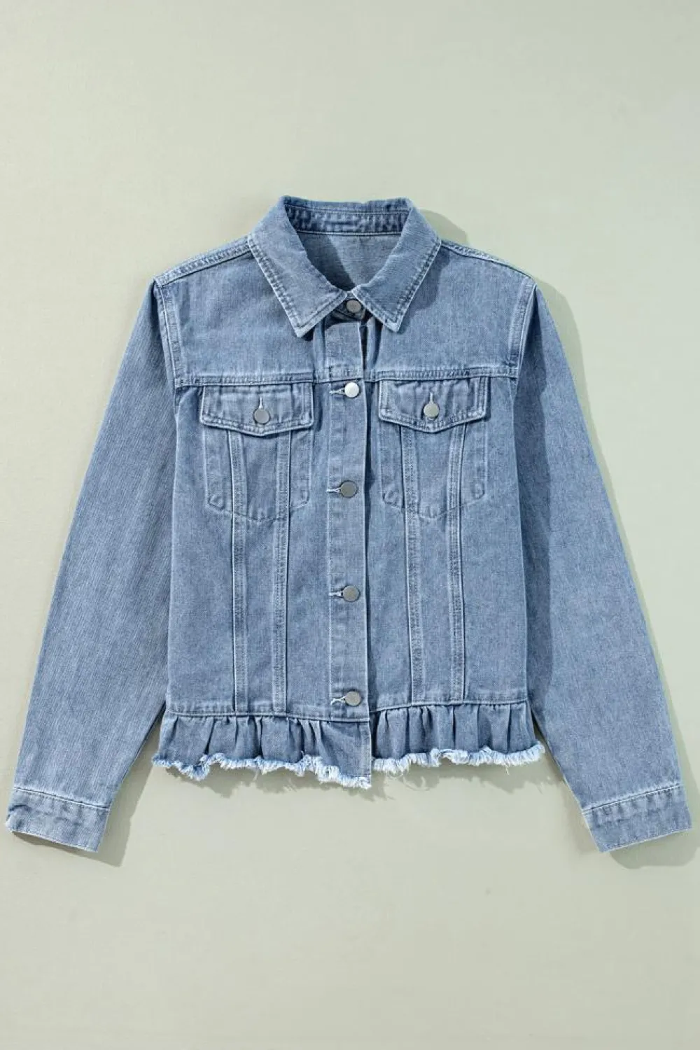 Clearance Dear-Lover Ruffle Raw Hem Flap Pockets Denim Jacket Beau Blue