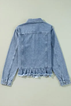 Clearance Dear-Lover Ruffle Raw Hem Flap Pockets Denim Jacket Beau Blue