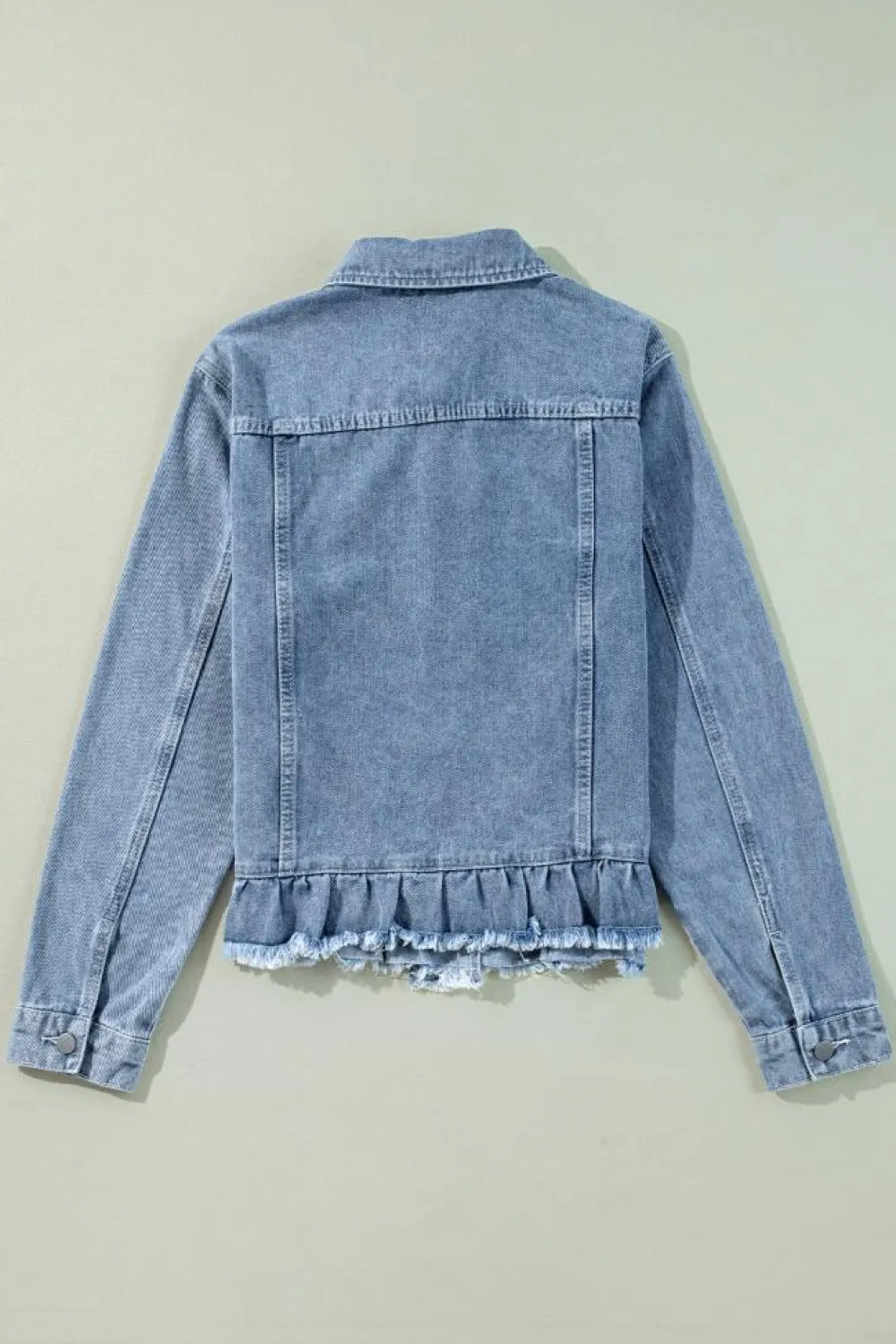Clearance Dear-Lover Ruffle Raw Hem Flap Pockets Denim Jacket Beau Blue