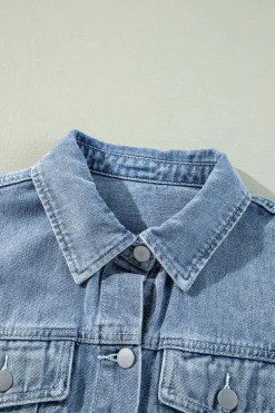 Clearance Dear-Lover Ruffle Raw Hem Flap Pockets Denim Jacket Beau Blue