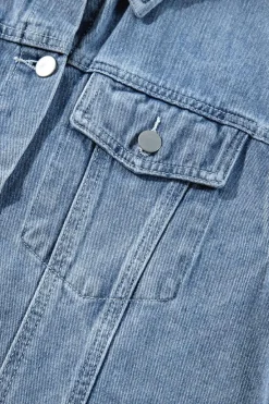 Clearance Dear-Lover Ruffle Raw Hem Flap Pockets Denim Jacket Beau Blue